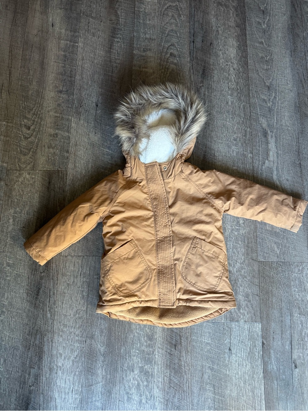 Old Navy Tan Hooded Puffer Coat with Faux Fur Trim